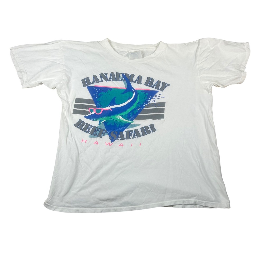 Vintage 1987 Hanauma Bay Reef Safari Hawaii T-Shirt White Large Shark 80s Surf‎